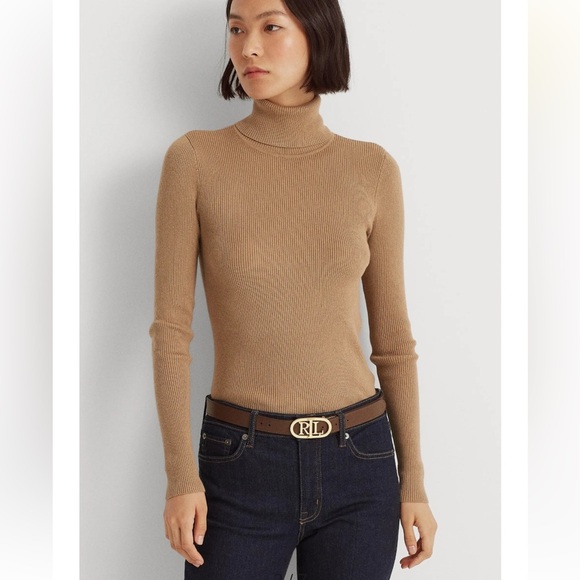 Lauren Ralph Lauren Metallic Gold Ribbed Turtleneck Sweater quiet luxury - Picture 1 of 11